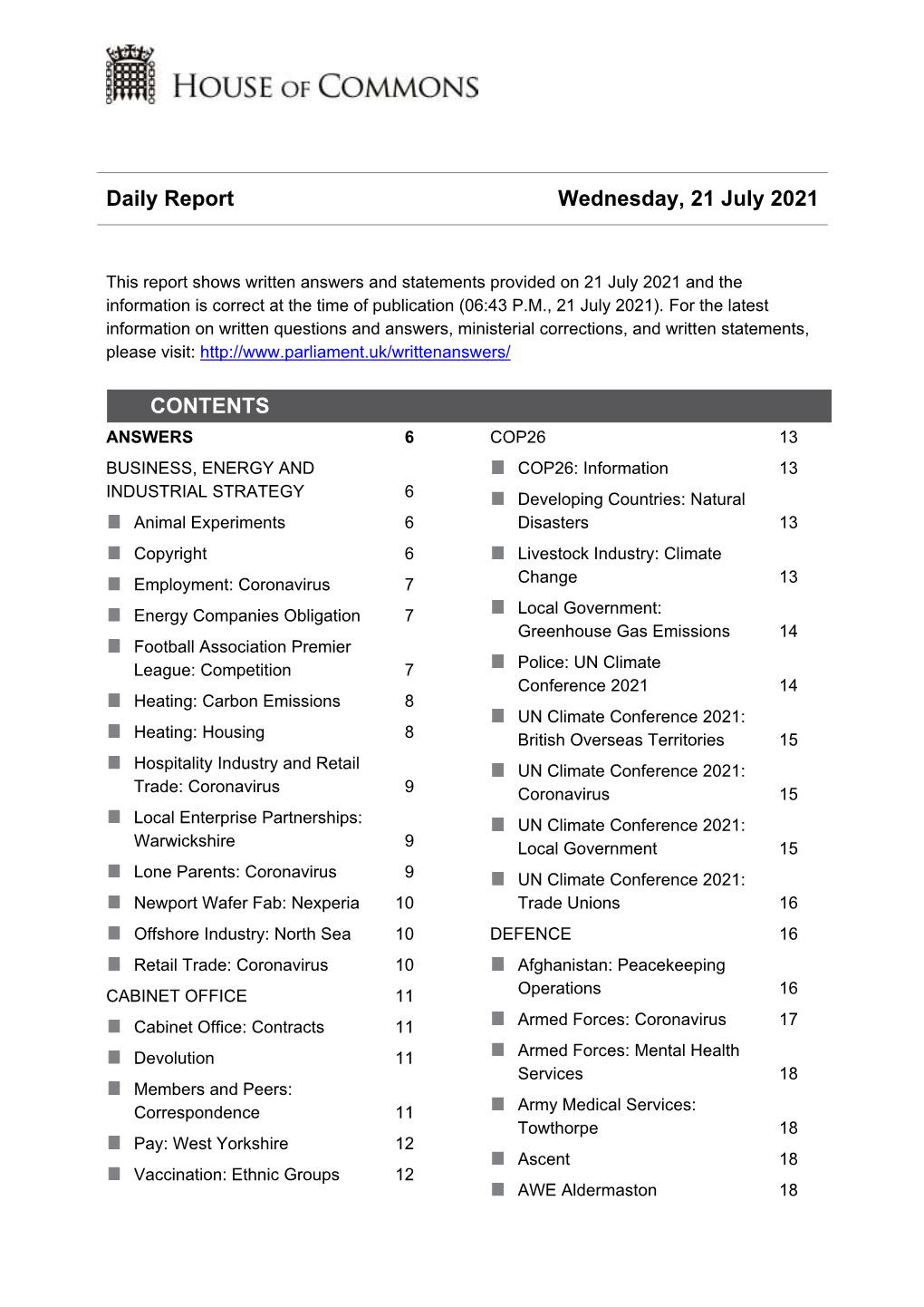 Daily Report Wednesday, 21 July 2021 CONTENTS