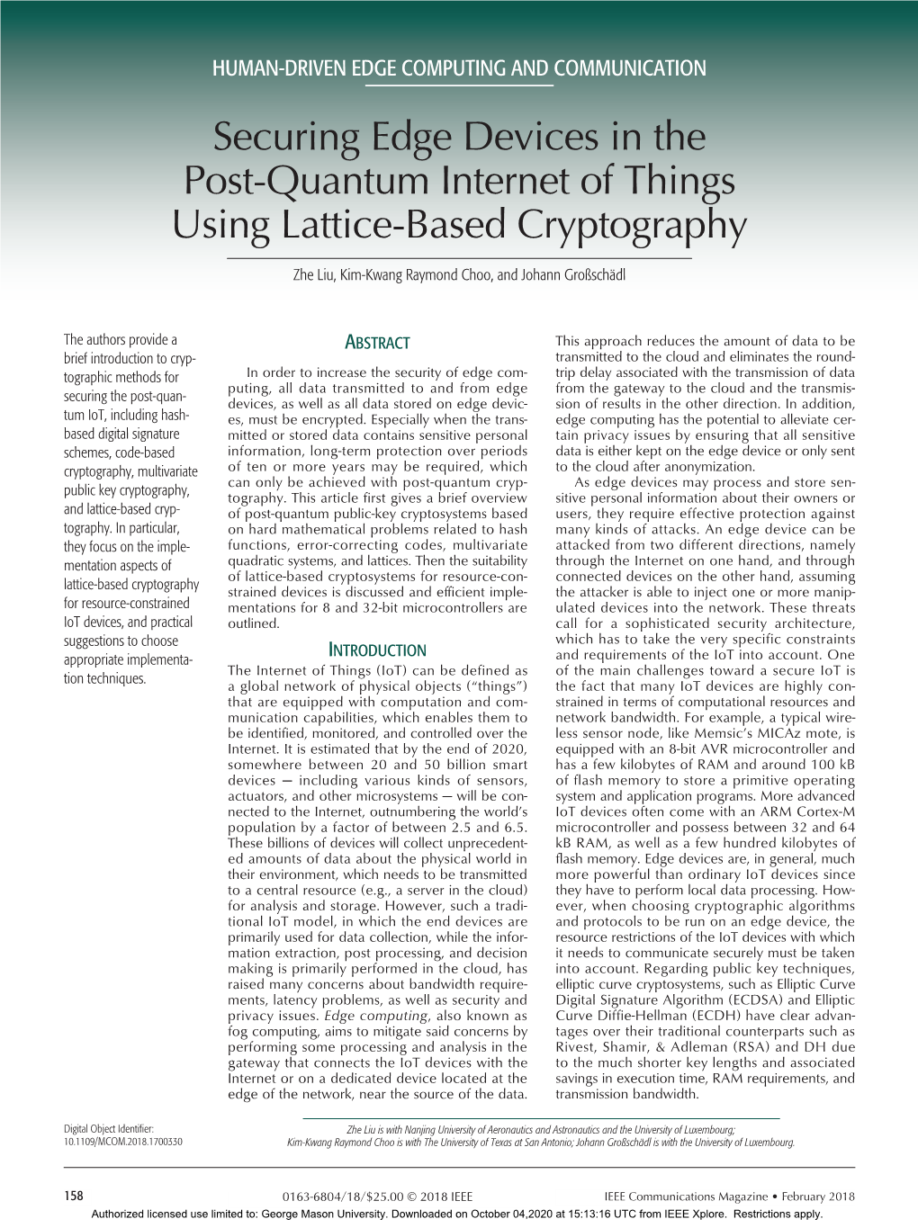 Securing Edge Devices in the Post-Quantum Internet of Things Using Lattice-Based Cryptography