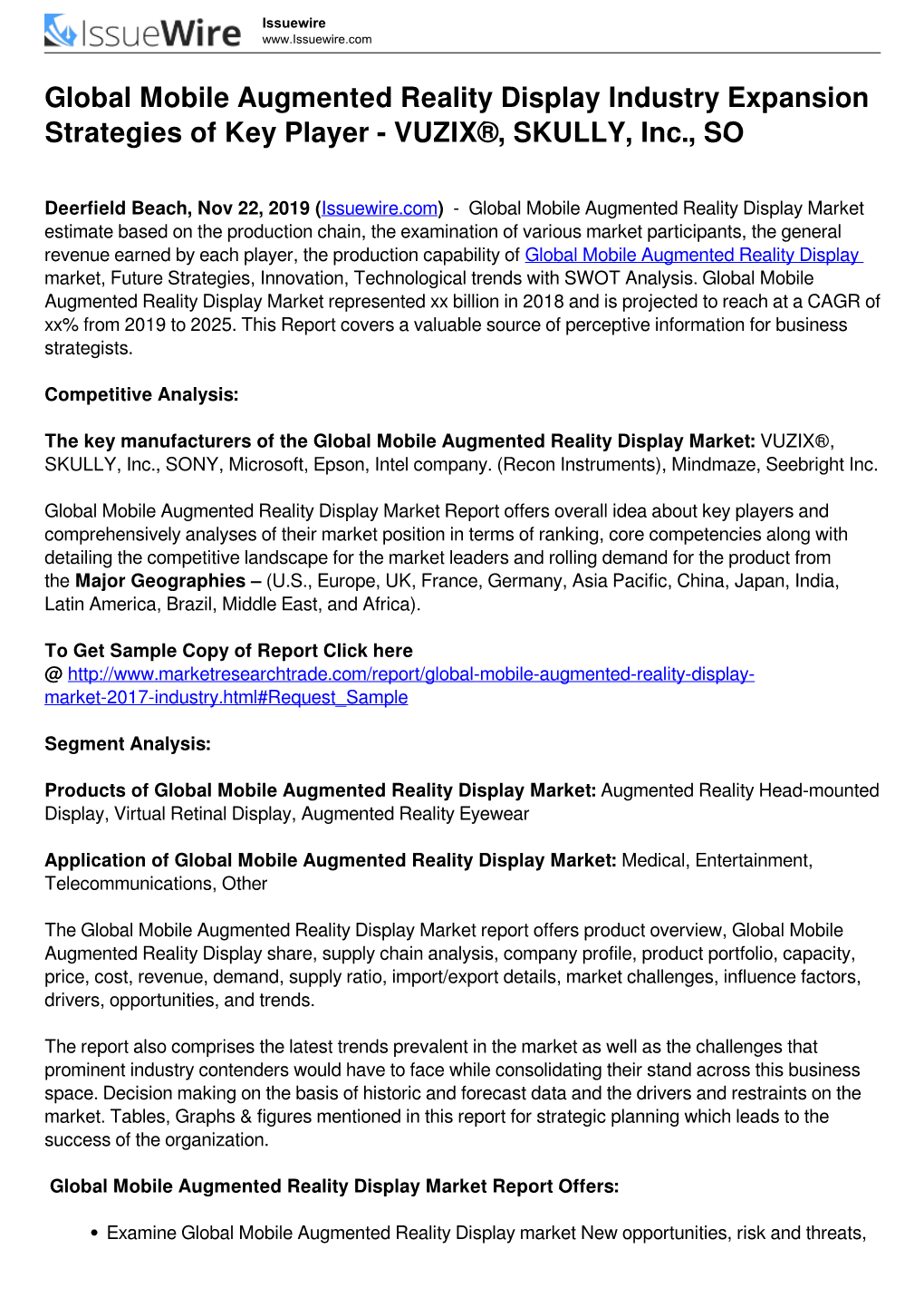 Global Mobile Augmented Reality Display Industry Expansion Strategies of Key Player - VUZIX®, SKULLY, Inc., SO