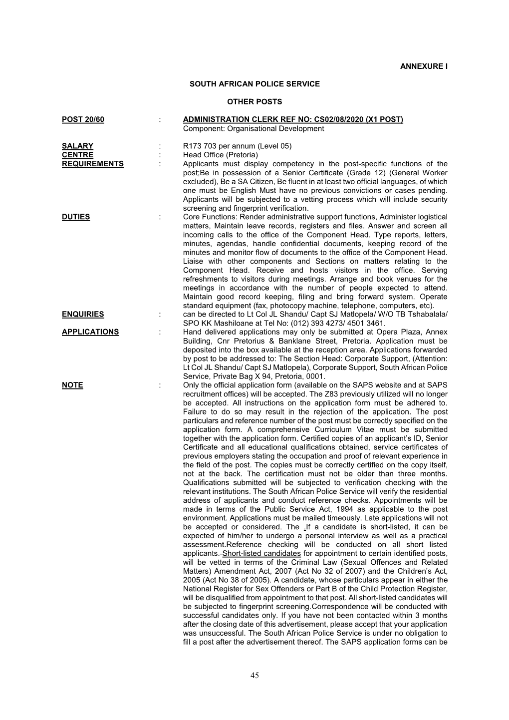 ADMINISTRATION CLERK REF NO: CS02/08/2020 (X1 POST) Component: Organisational Development