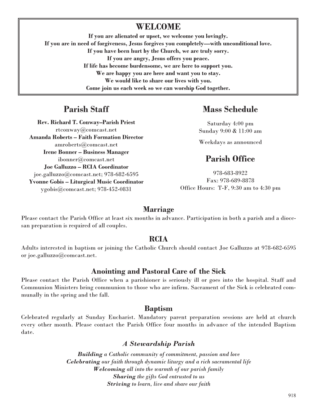 Parish Staff Mass Schedule Parish Office