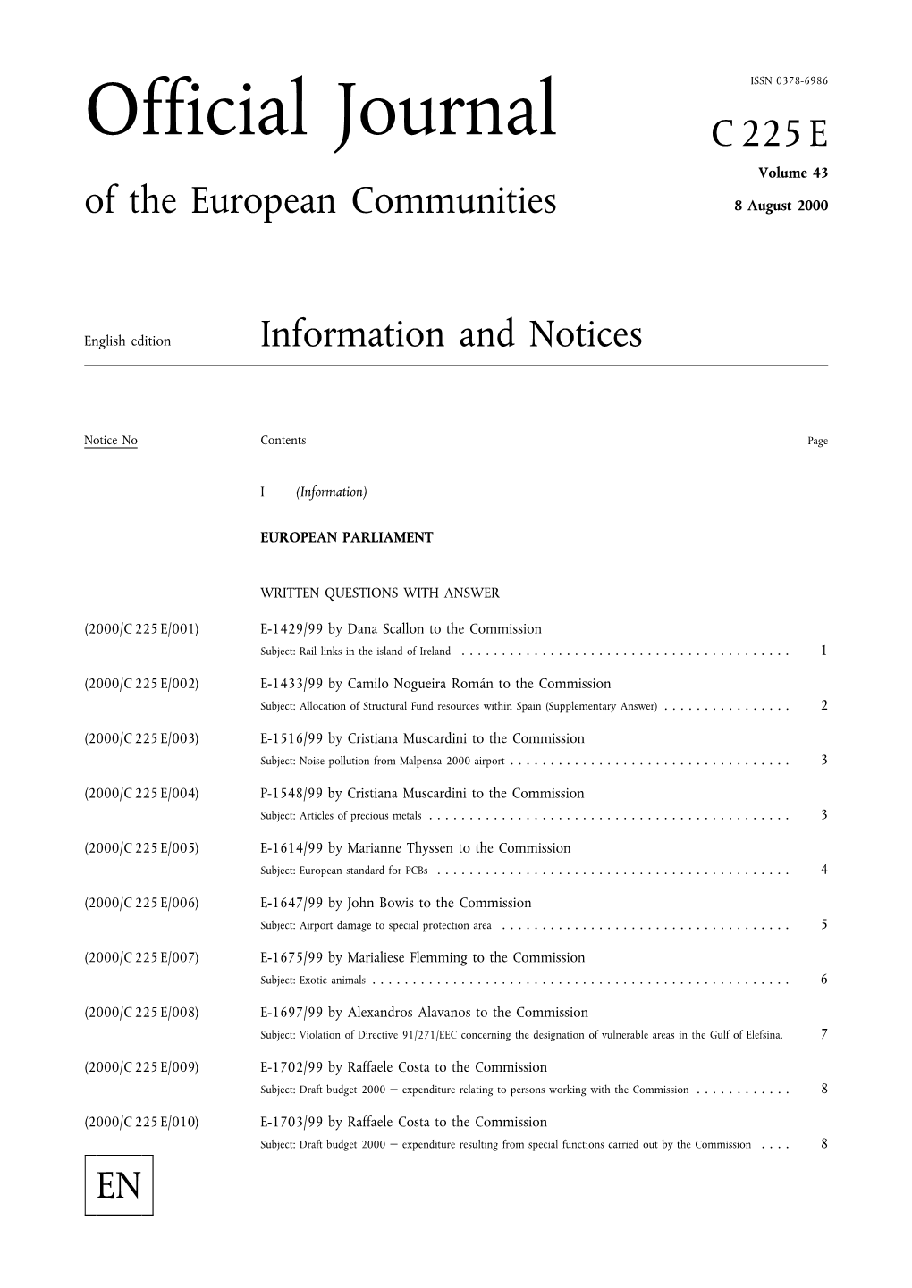 Official Journal C 225 E Volume 43 of the European Communities 8 August 2000