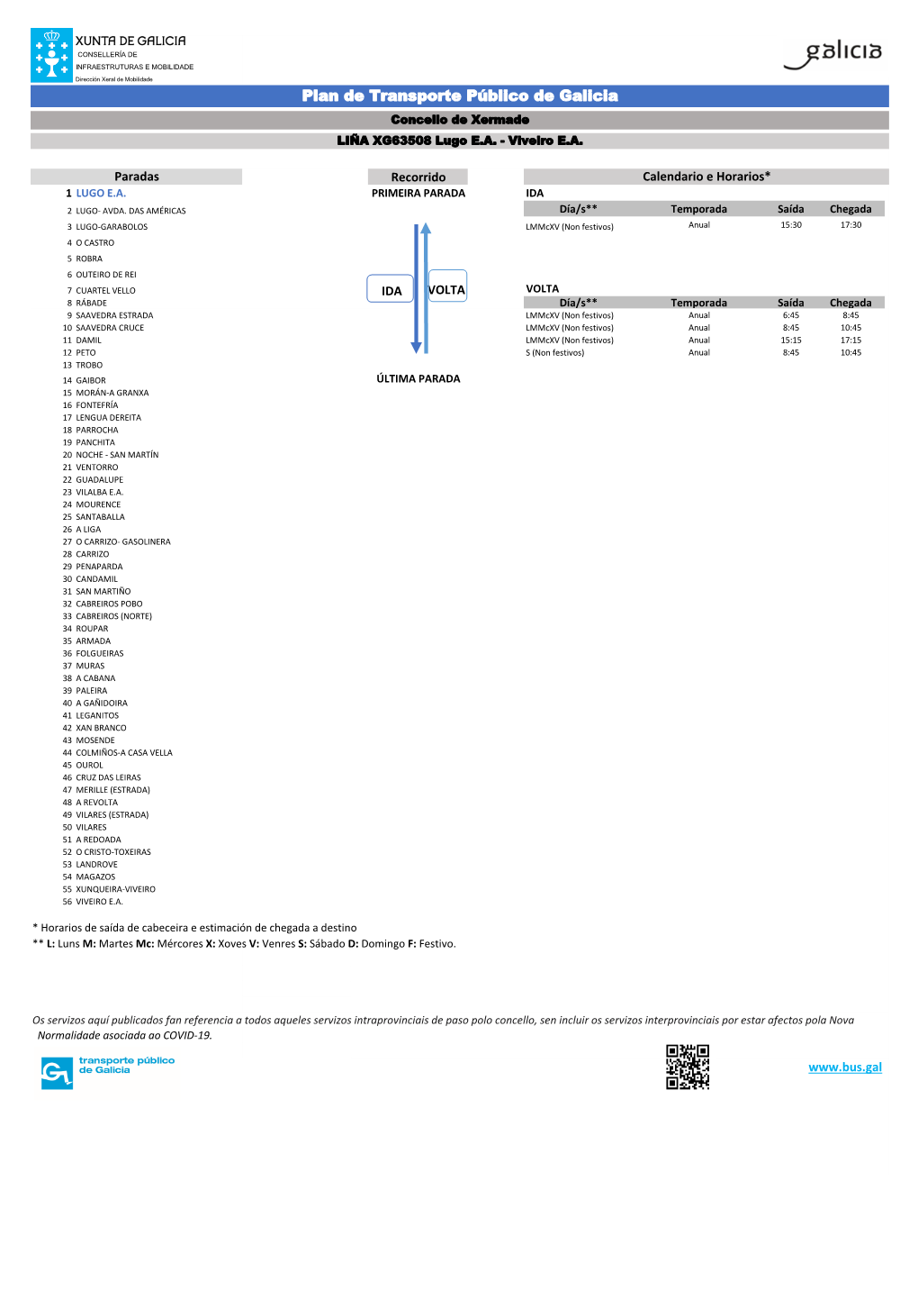 Plan De Transporte Público De Galicia Concello De Xermade LIÑA XG63508 Lugo E.A