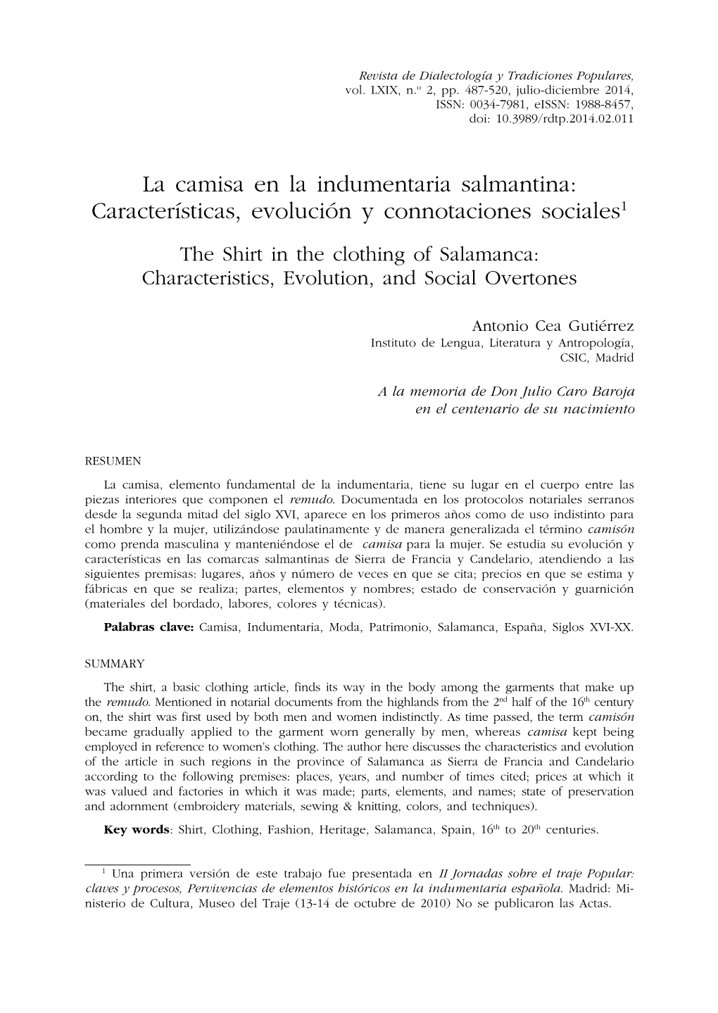 La Camisa En La Indumentaria Salmantina: Características, Evolución Y Connotaciones Sociales; the Shirt in the Clothing Of