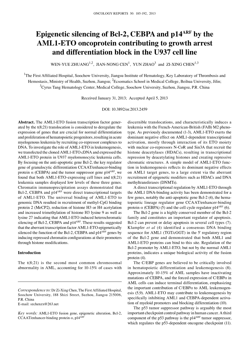 Epigenetic Silencing of Bcl-2, CEBPA and P14arf by the AML1-ETO Oncoprotein Contributing to Growth Arrest and Differentiation Block in the U937 Cell Line