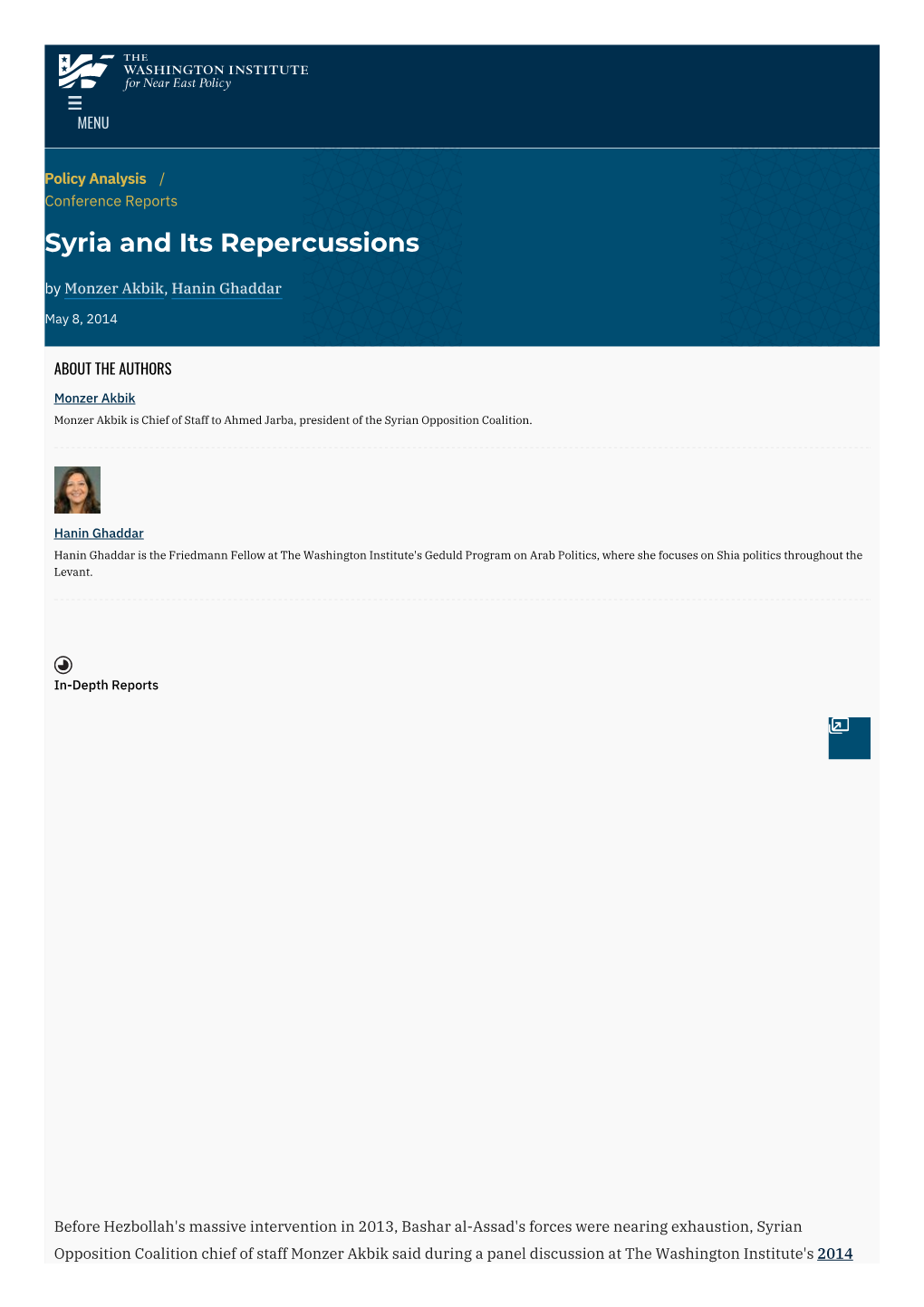 Syria and Its Repercussions | the Washington Institute