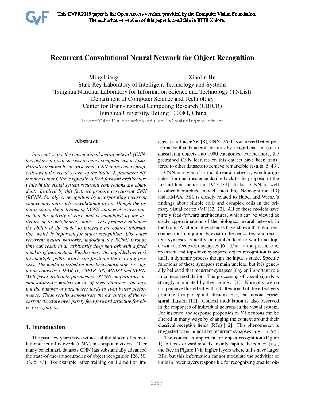 Recurrent Convolutional Neural Network for Object Recognition