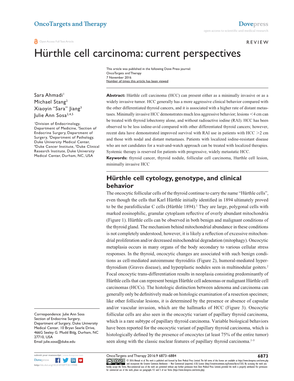 Hürthle Cell Carcinoma Open Access to Scientific and Medical Research DOI