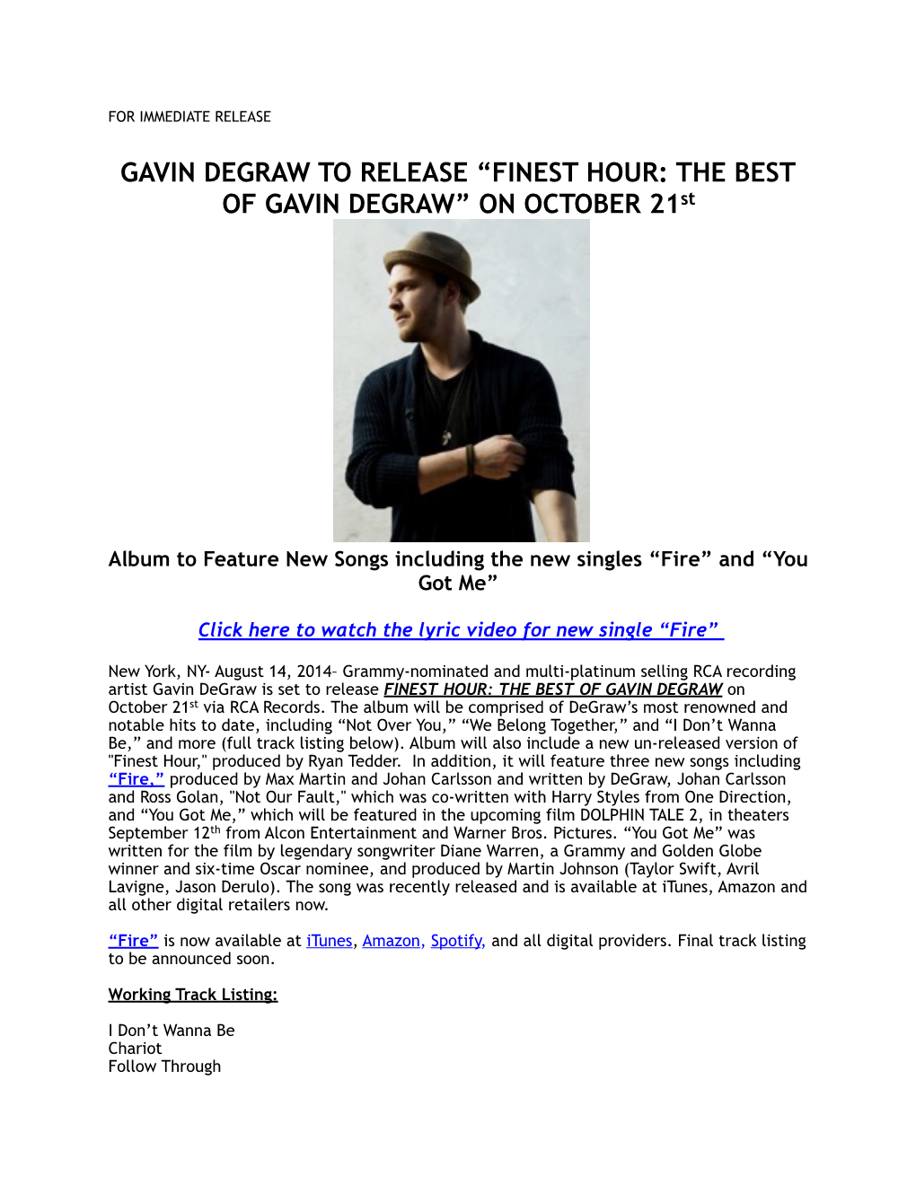 Finest Hour Best of Gavin Degraw Final Press Release August 14, 2014