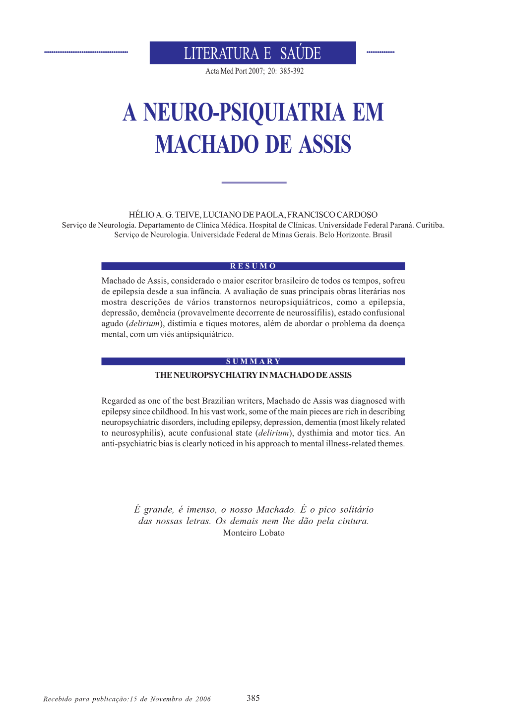 A Neuro-Psiquiatria Em Machado De Assis