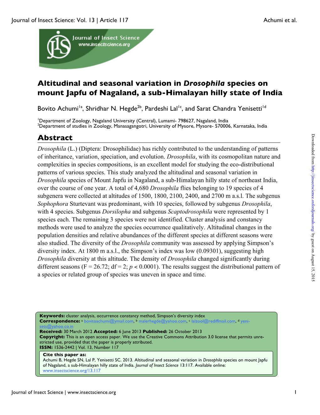 Altitudinal and Seasonal Variation in Drosophila Species on Mount Japfu of Nagaland, a Sub-Himalayan Hilly State of India