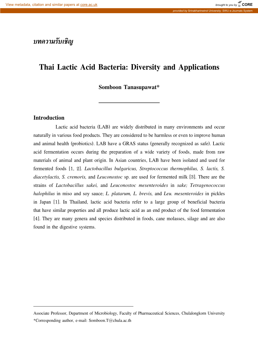 Diversity of Lactic Acid Bacteria in Thai Fermented Foods