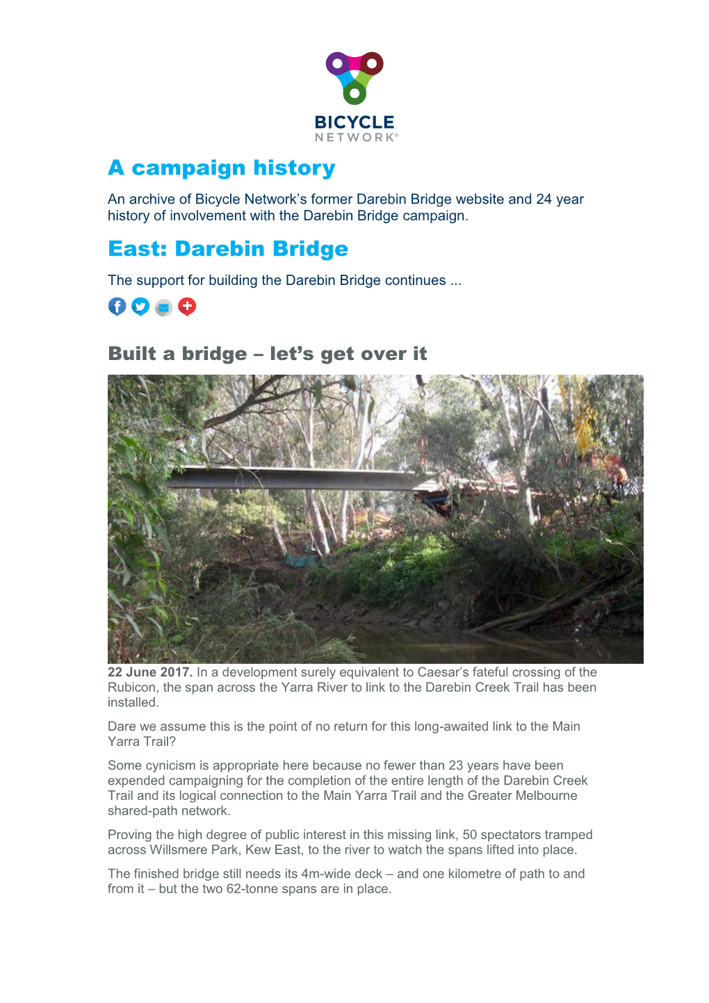 Darebin Bridge Website and 24 Year History of Involvement with the Darebin Bridge Campaign