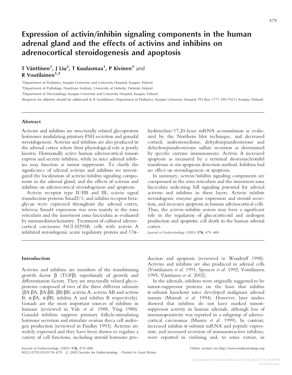 Downloaded from Bioscientifica.Com at 09/28/2021 06:30:55PM Via Free Access 480 TVA}NTTINEN and Others · Activin Regulation of Adrenal Cell Function