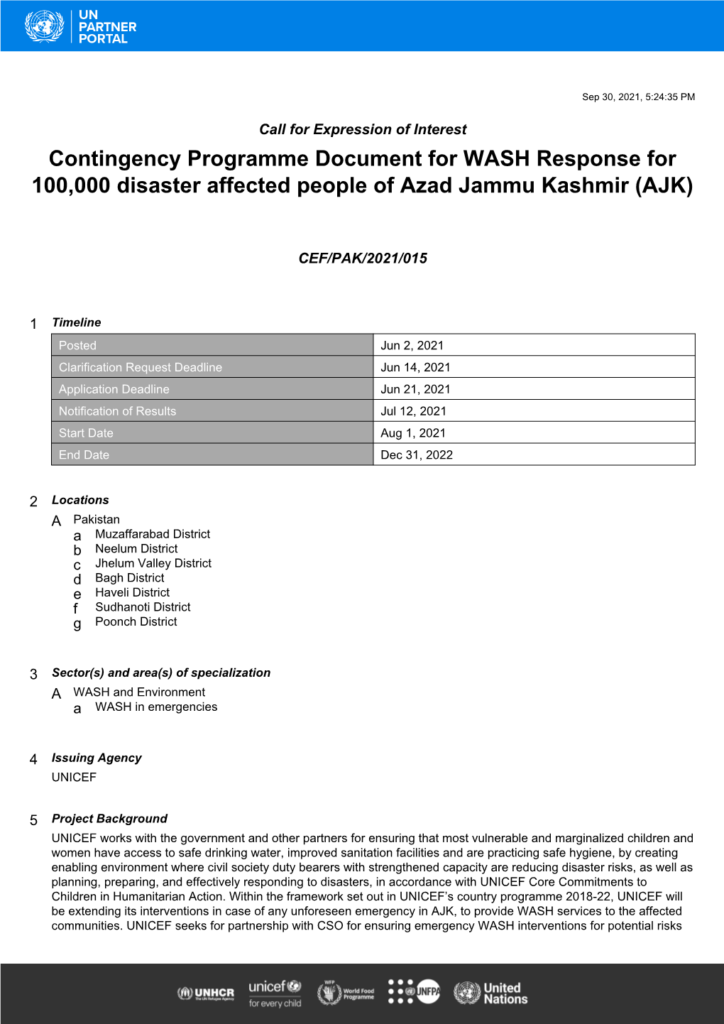 Contingency Programme Document for WASH Response for 100,000 Disaster Affected People of Azad Jammu Kashmir (AJK)