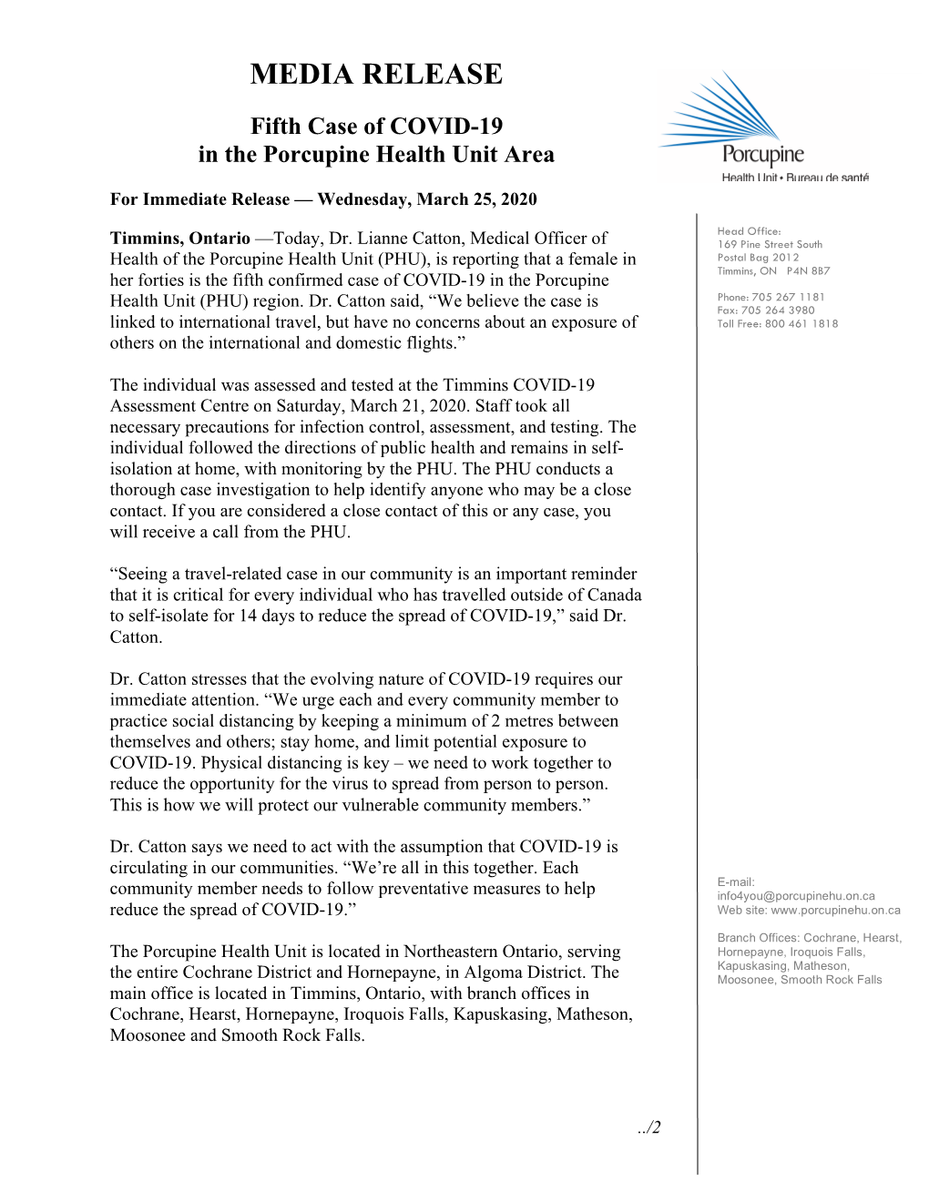 Fifth Case of COVID-19 in the Porcupine Health Unit Area