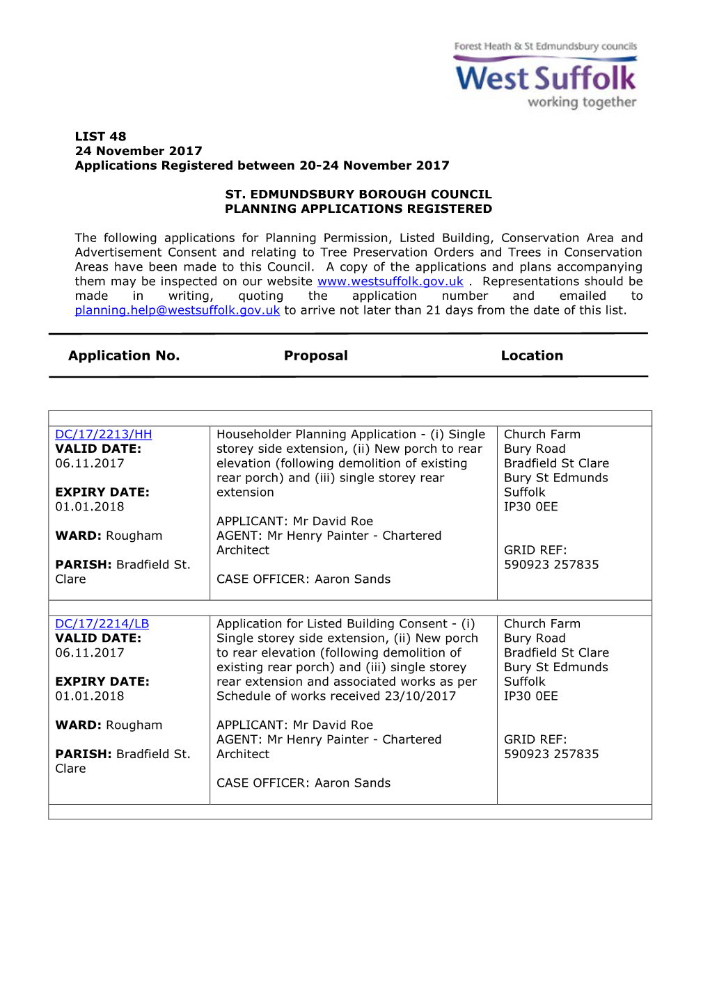 SEBC Planning Applications 48/17