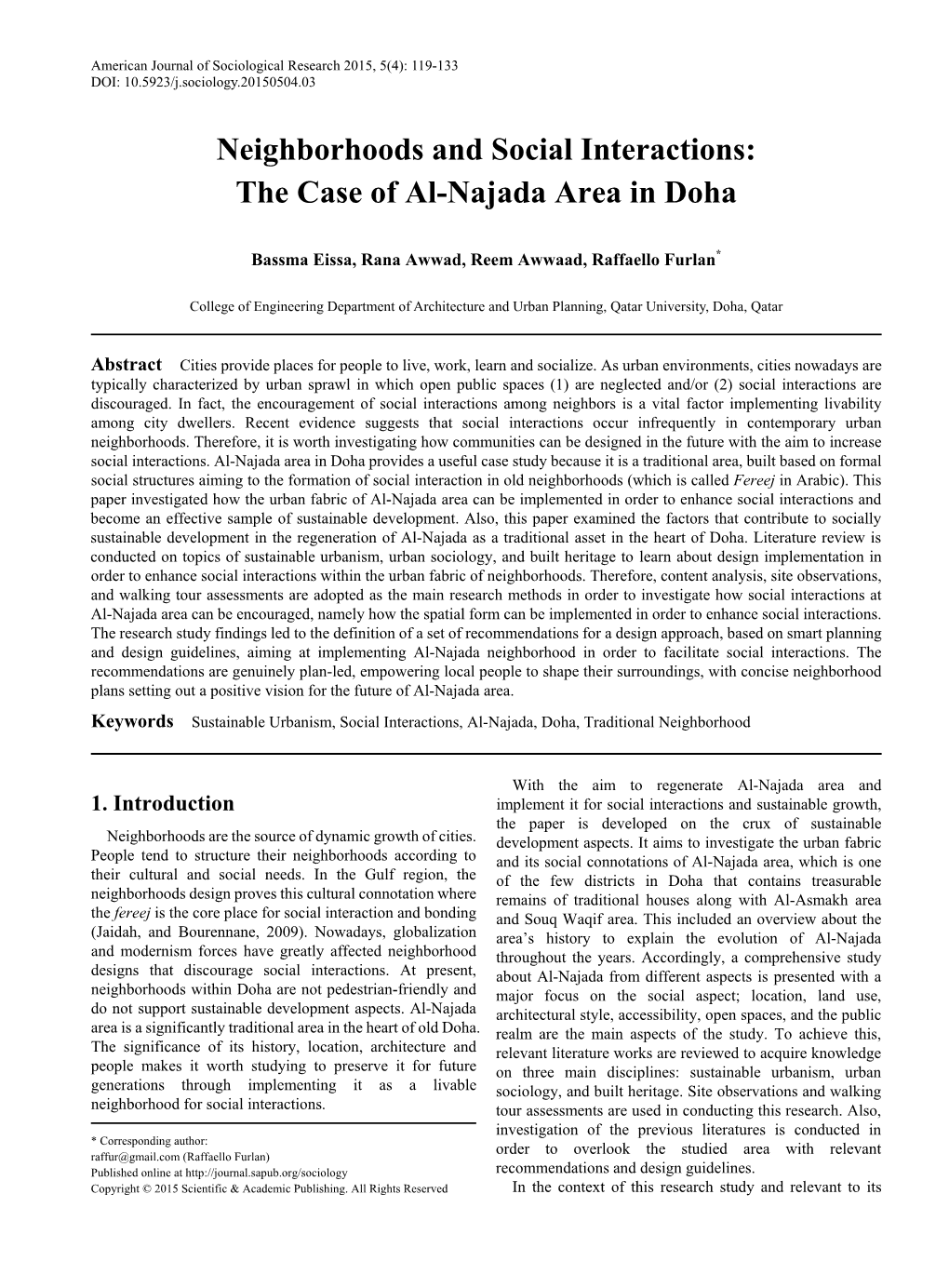 Neighborhoods and Social Interactions: the Case of Al-Najada Area in Doha