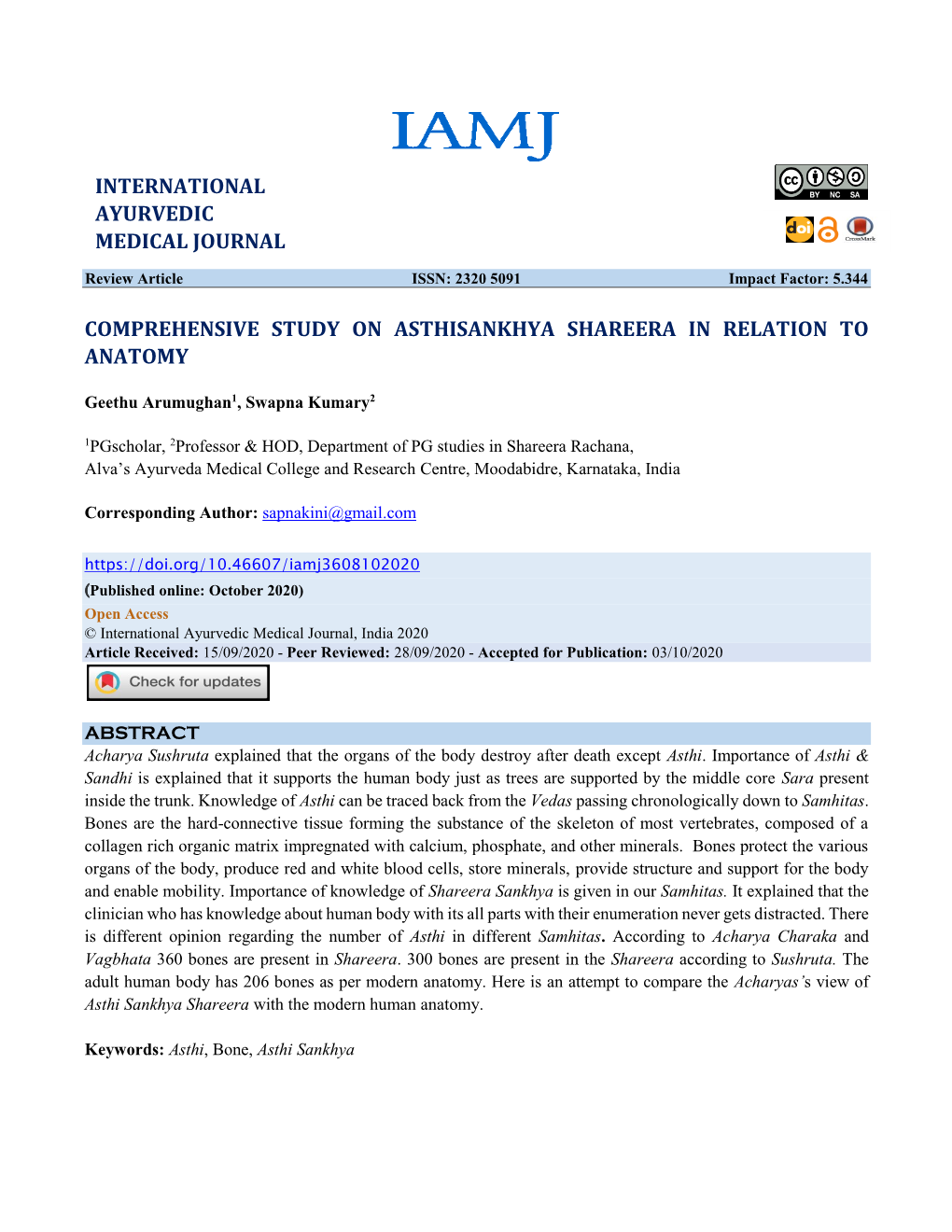 Comprehensive Study on Asthisankhya Shareera in Relation to Anatomy