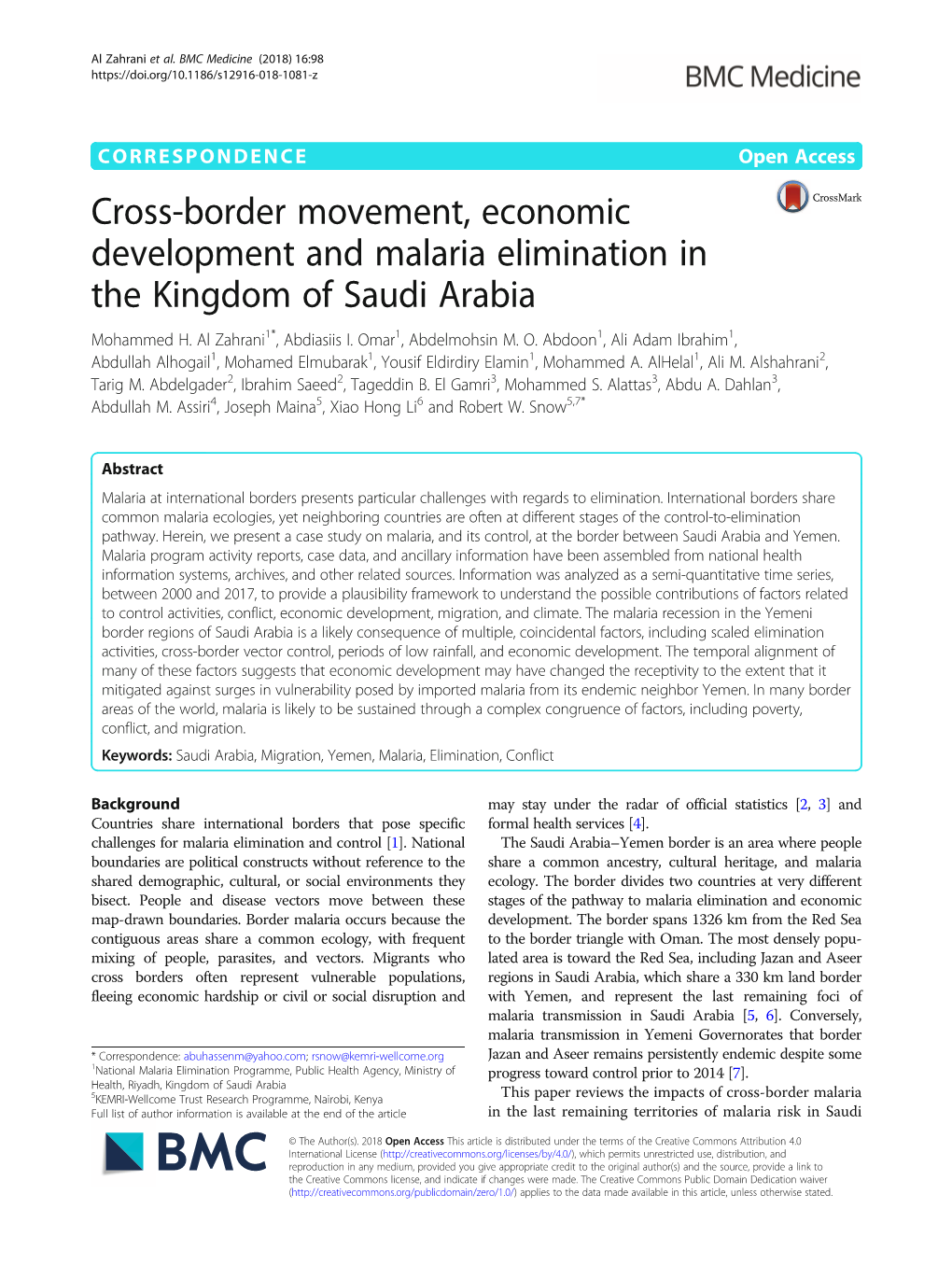 Cross-Border Movement, Economic Development and Malaria Elimination in the Kingdom of Saudi Arabia Mohammed H