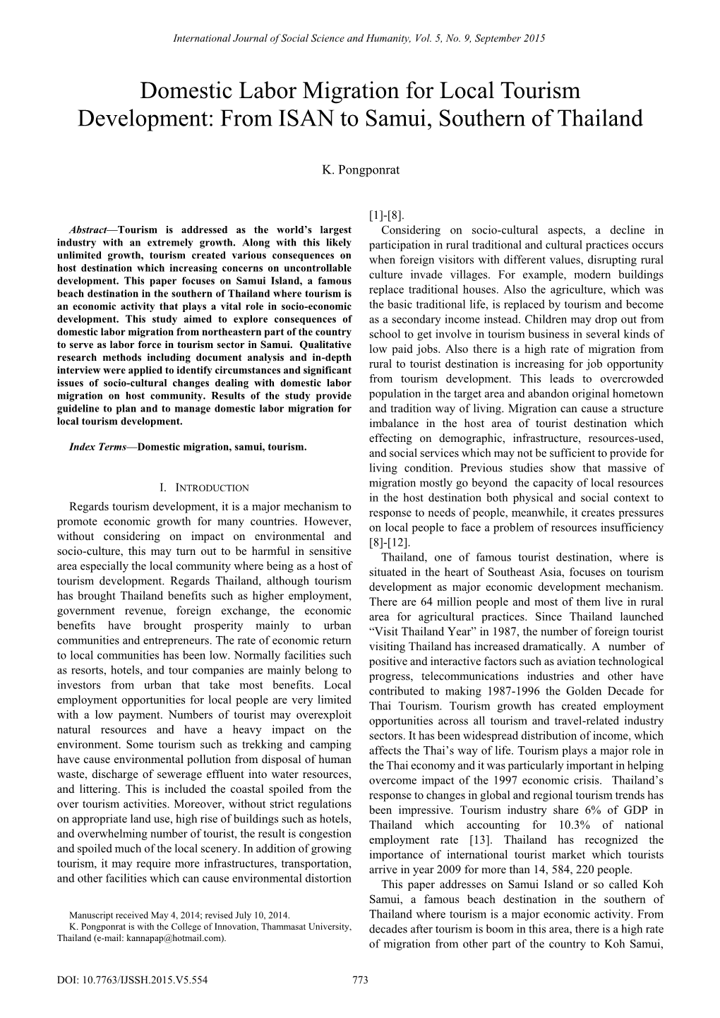 Domestic Labor Migration for Local Tourism Development: from ISAN to Samui, Southern of Thailand