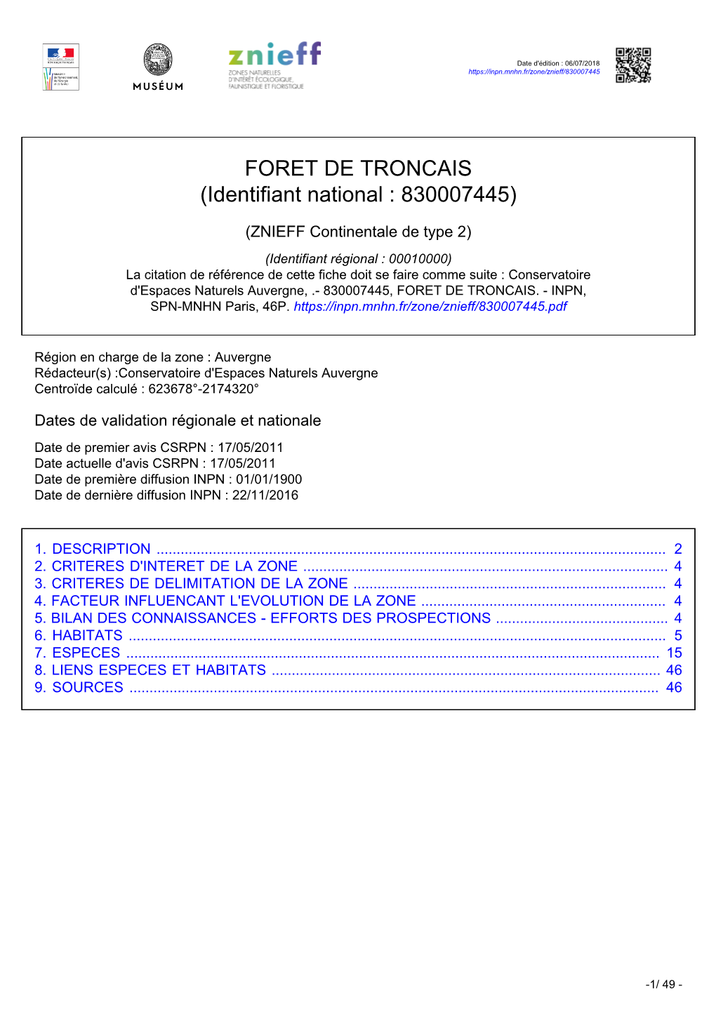 FORET DE TRONCAIS (Identifiant National : 830007445)