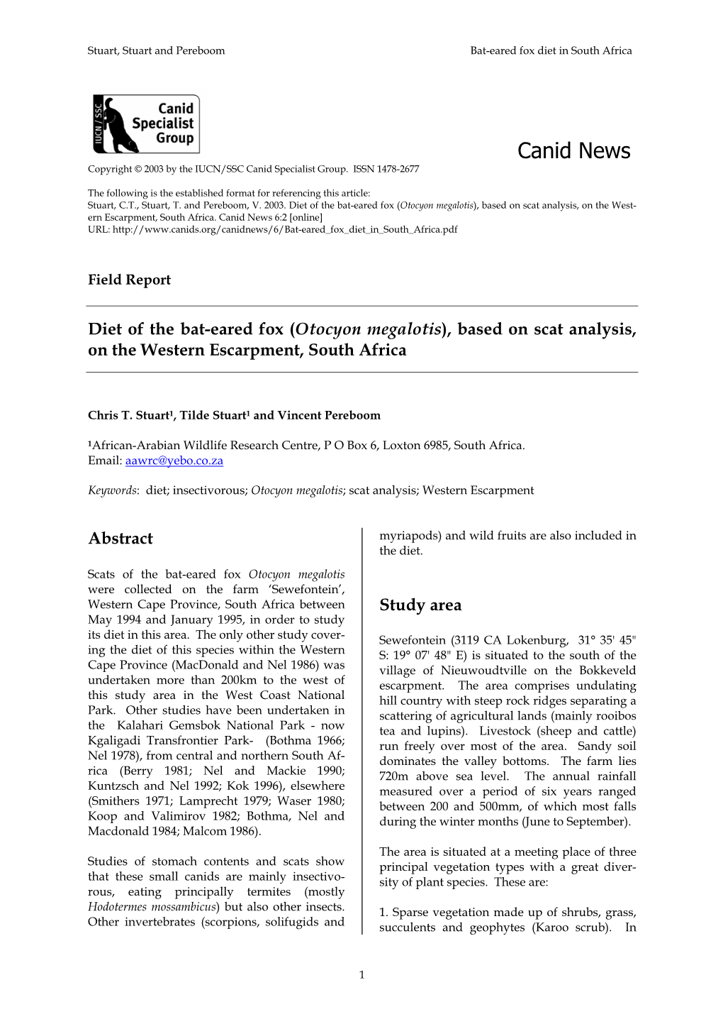 Diet of the Bat-Eared Fox (Otocyon Megalotis), Based on Scat Analysis, on the West- Ern Escarpment, South Africa