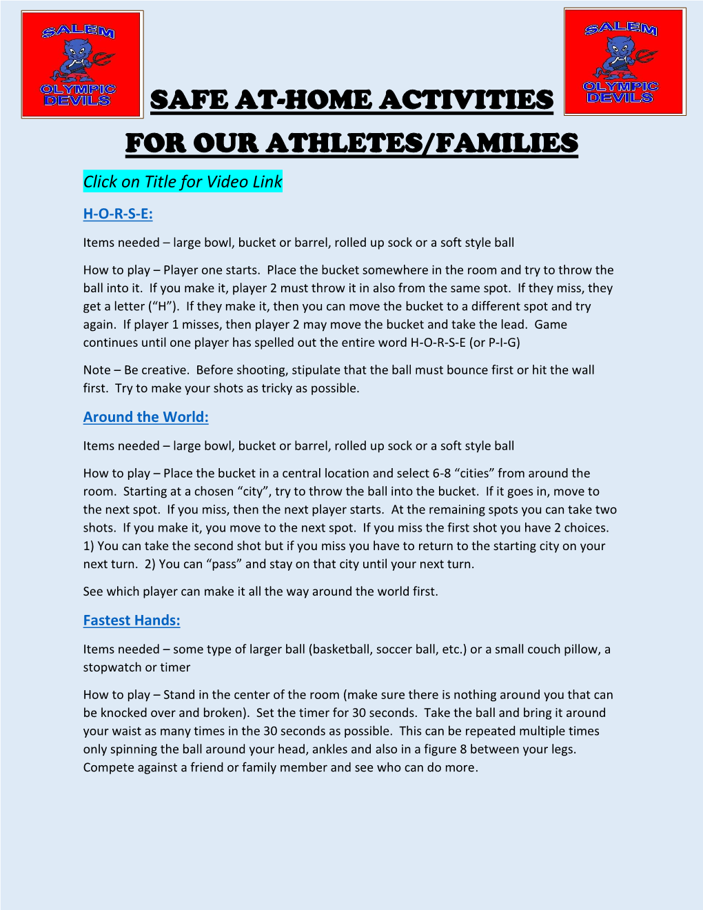 Safe At-Home Activities for Our Athletes/Families