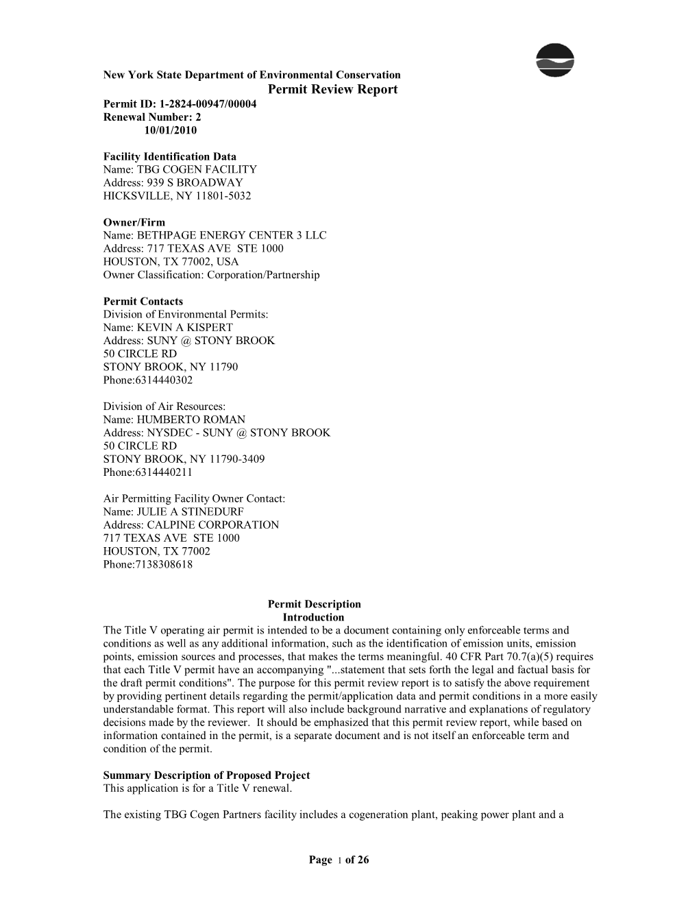 Permit Review Report Permit ID: 1-2824-00947/00004 Renewal Number: 2 10/01/2010