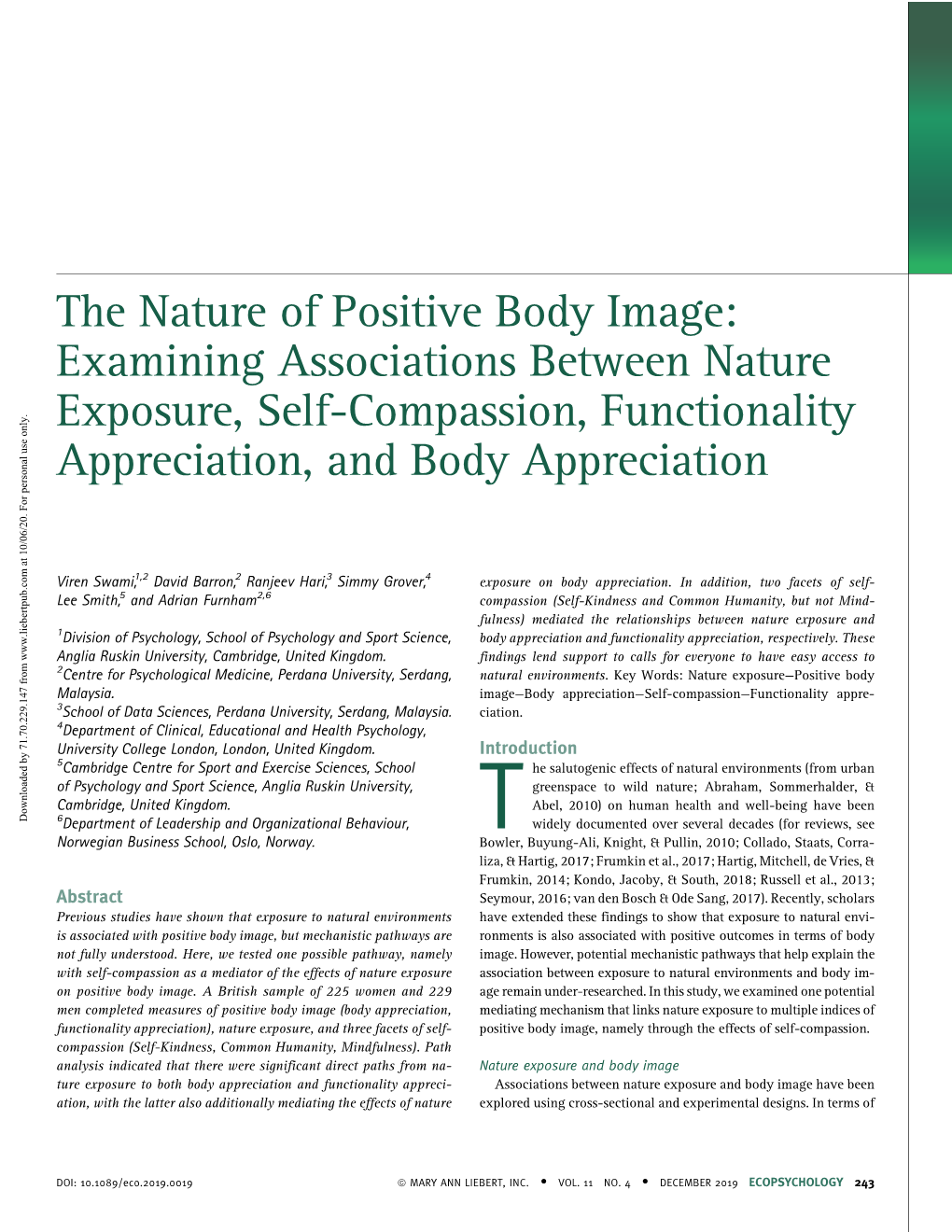 The Nature of Positive Body Image: Examining Associations Between Nature Exposure, Self-Compassion, Functionality Appreciation, and Body Appreciation