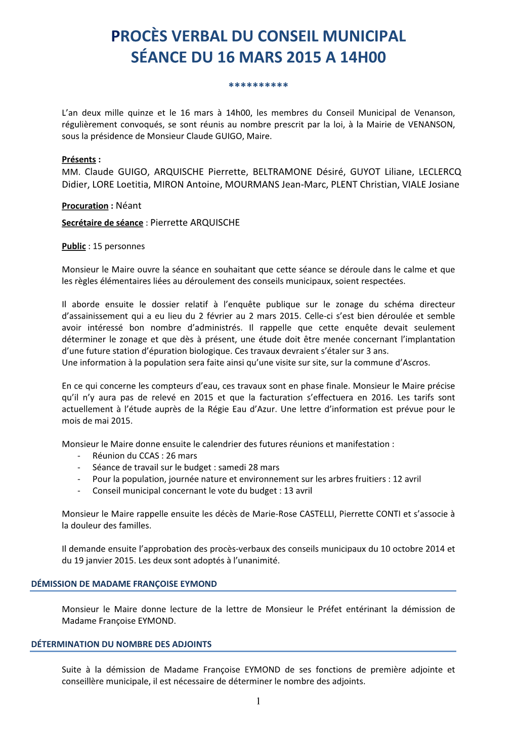 Procès Verbal Du Conseil Municipal Séance Du 16 Mars 2015 a 14H00