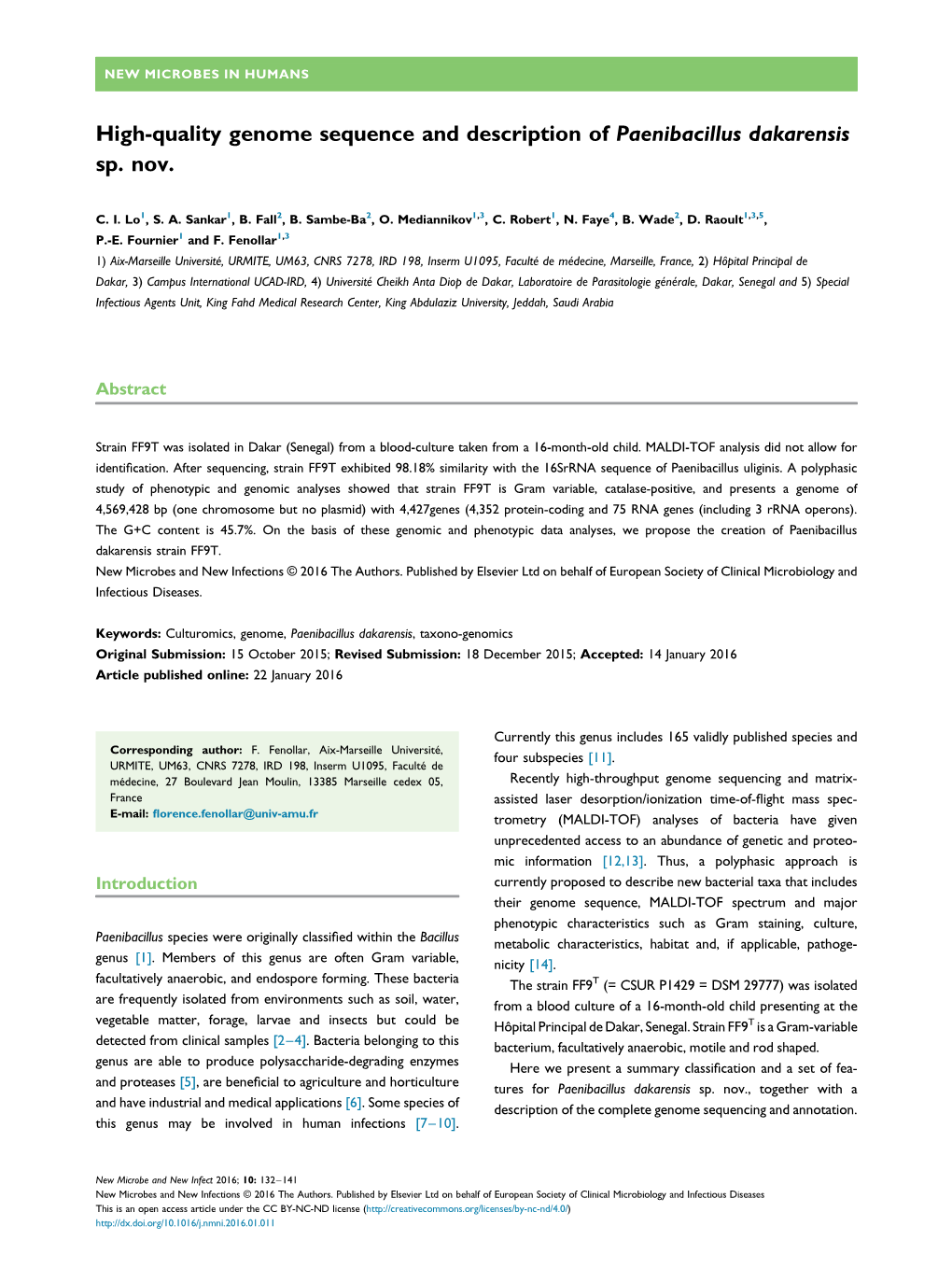 High-Quality Genome Sequence and Description of Paenibacillus Dakarensis Sp