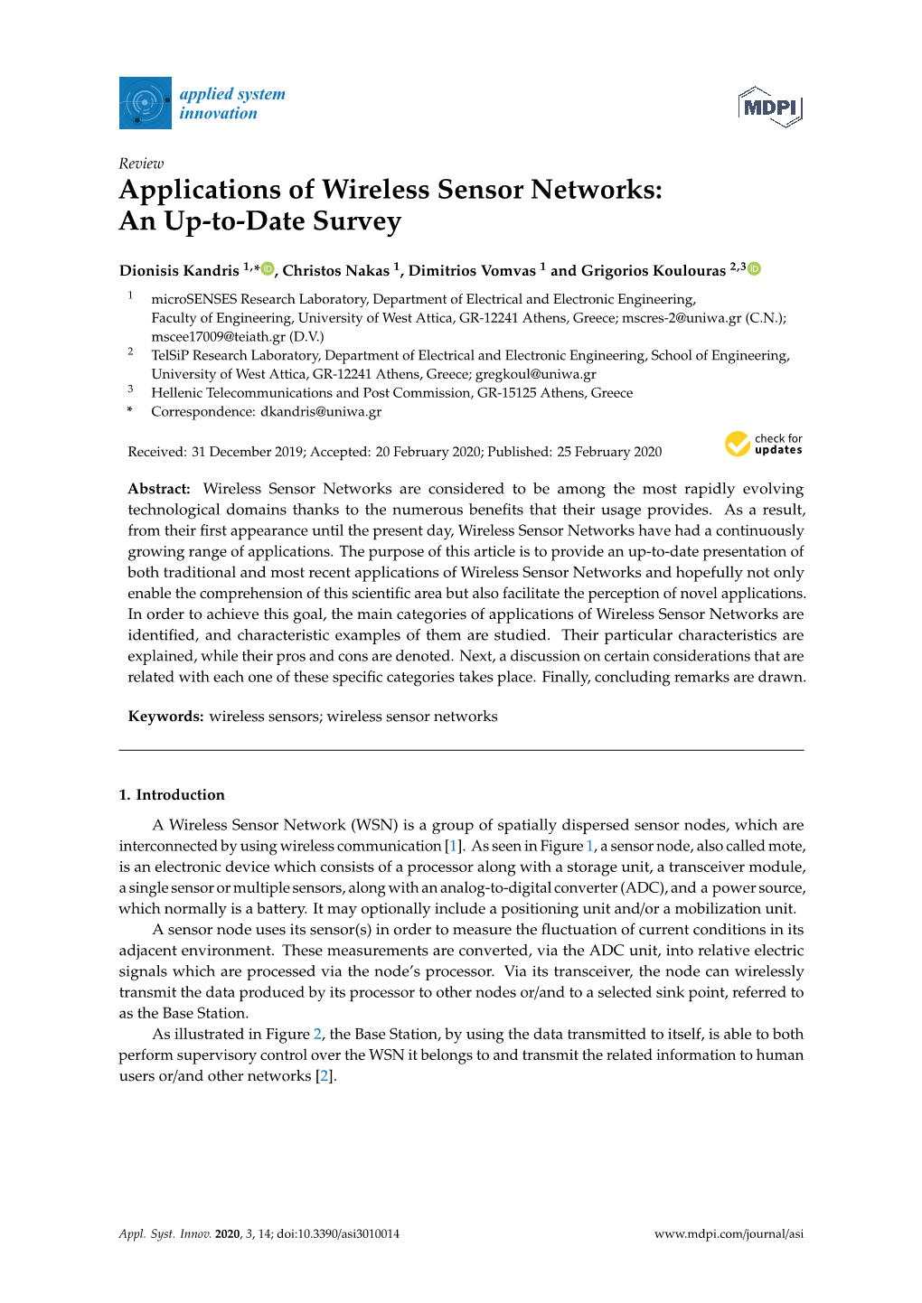 Applications of Wireless Sensor Networks: an Up-To-Date Survey