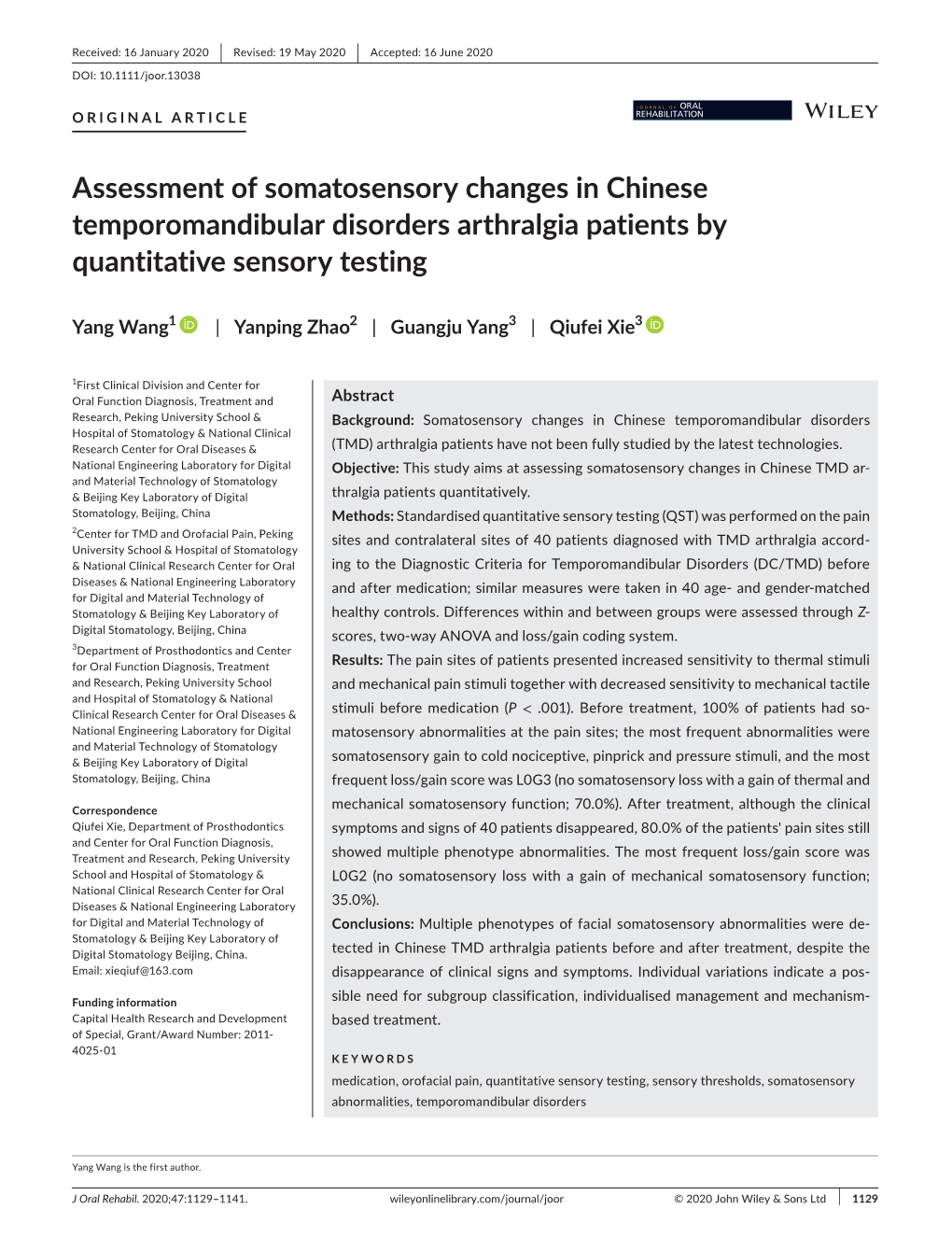 Assessment of Somatosensory Changes in Chinese Temporomandibular Disorders Arthralgia Patients by Quantitative Sensory Testing