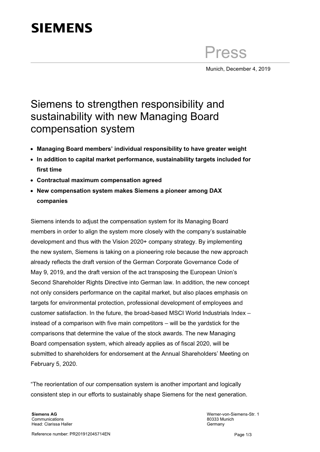 Siemens to Strengthen Responsibility and Sustainability with New Managing Board Compensation System