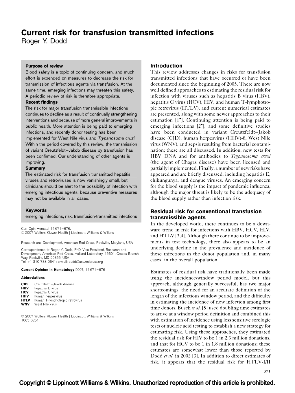 Current Risk for Transfusion Transmitted Infections Roger Y