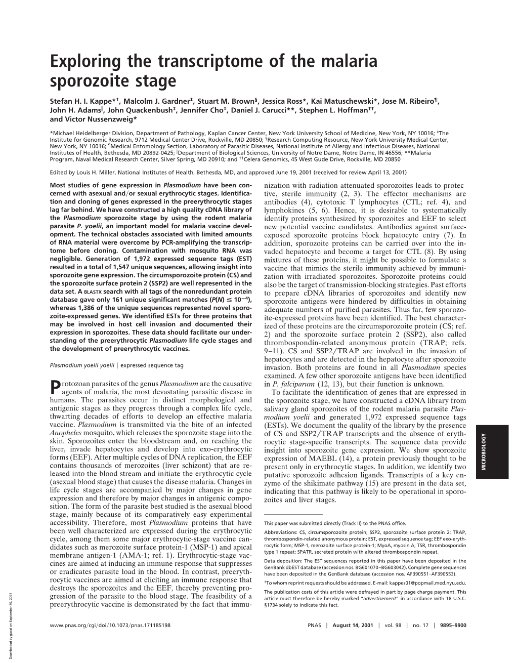 Exploring the Transcriptome of the Malaria Sporozoite Stage