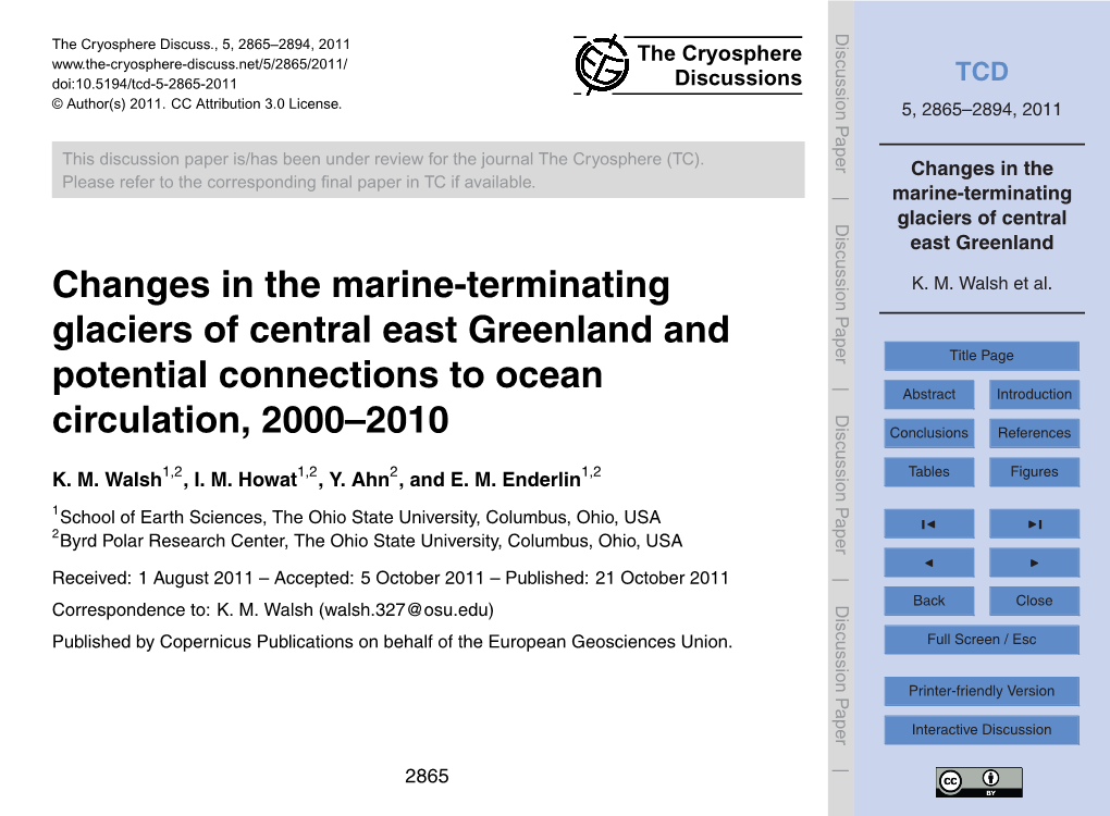 Changes in the Marine-Terminating Glaciers of Central East Greenland