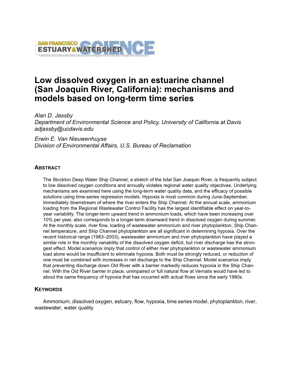 Low Dissolved Oxygen in an Estuarine Channel (San Joaquin River