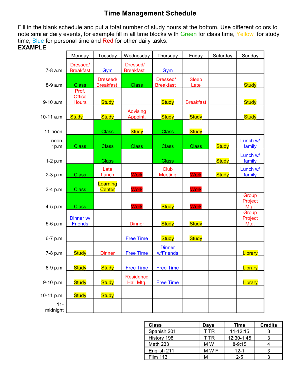 Time Management Schedule