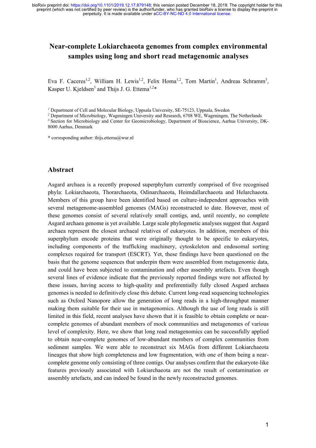 Near-Complete Lokiarchaeota Genomes from Complex Environmental Samples Using Long and Short Read Metagenomic Analyses