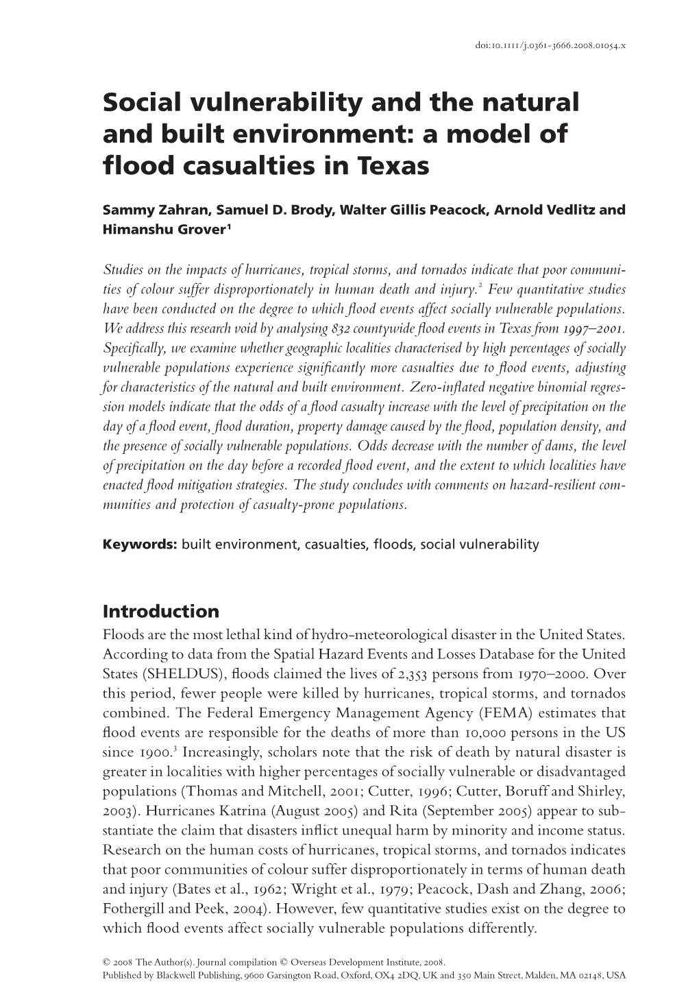 Social Vulnerability and the Natural and Built Environment: a Model of Flood Casualties in Texas