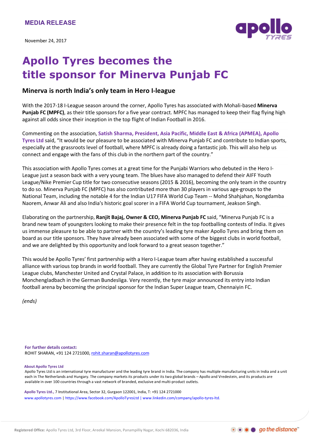 Apollo Tyres Becomes the Title Sponsor for Minerva Punjab FC