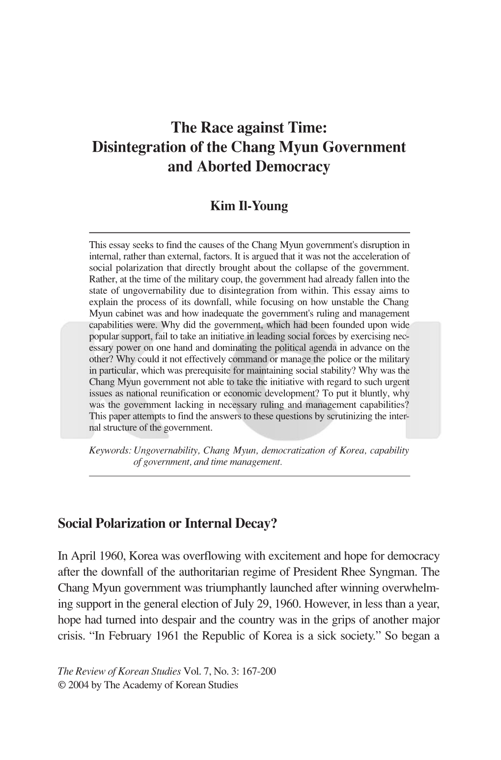 Disintegration of the Chang Myun Government and Aborted Democracy