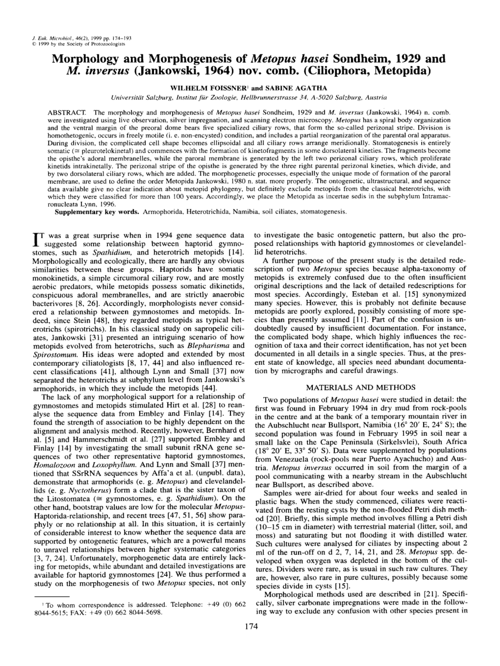 Morphology and Morphogenesis of Metopus Hasei Sondheim, 1929 and M. Inversus (Jankowski, 1964) Nov. Comb. (Ciliophora, Metopida)