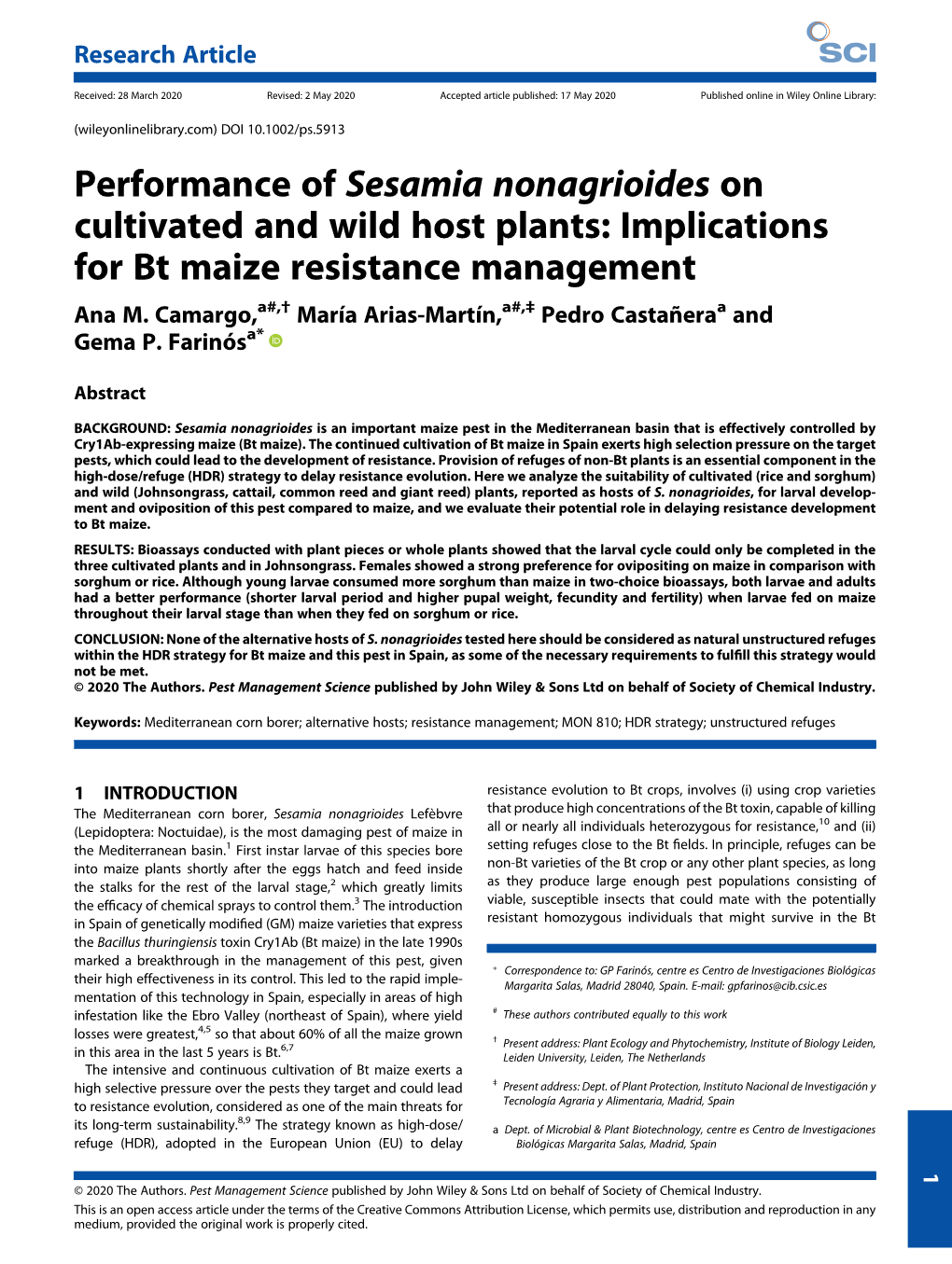 Performance of Sesamia Nonagrioides on Cultivated and Wild Host Plants: Implications for Bt Maize Resistance Management Ana M
