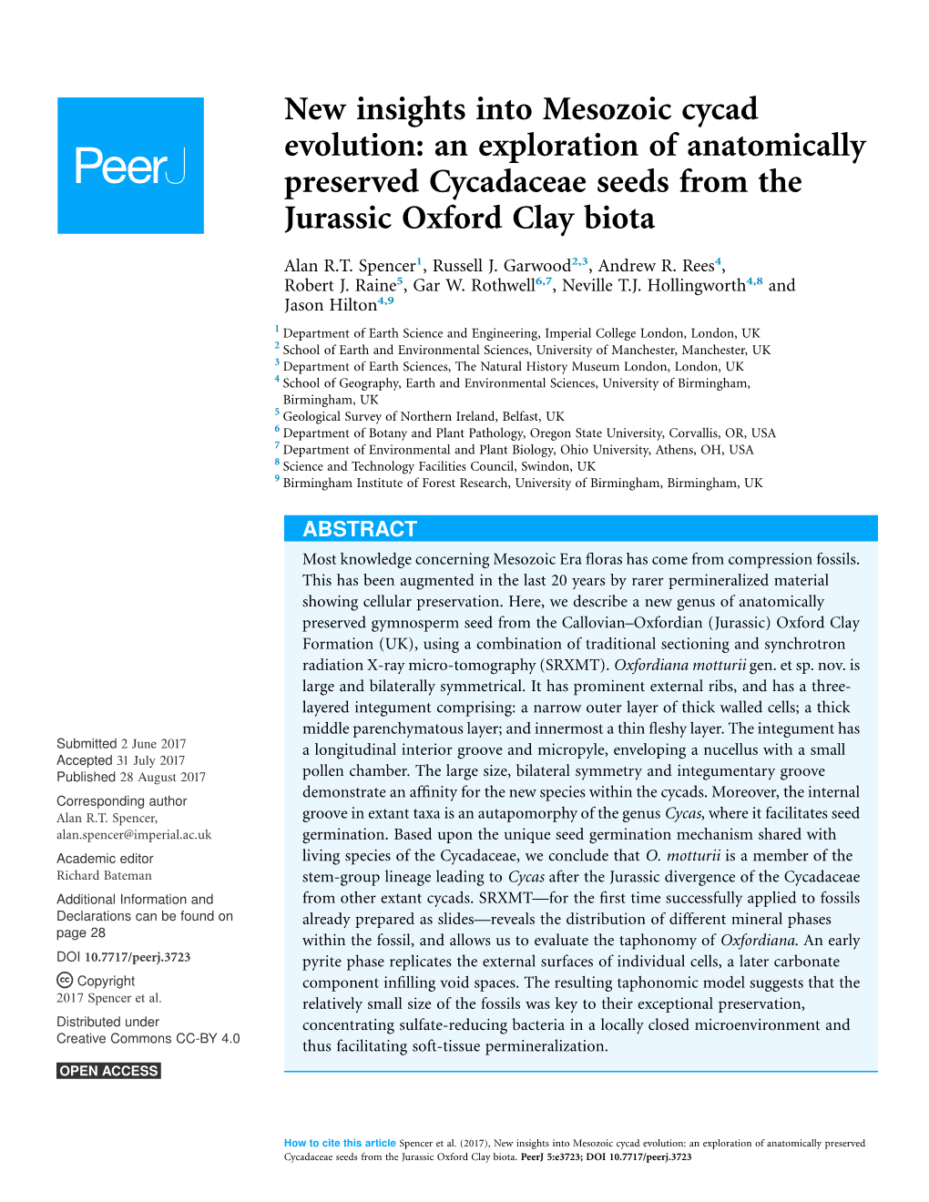 New Insights Into Mesozoic Cycad Evolution: an Exploration of Anatomically Preserved Cycadaceae Seeds from the Jurassic Oxford Clay Biota