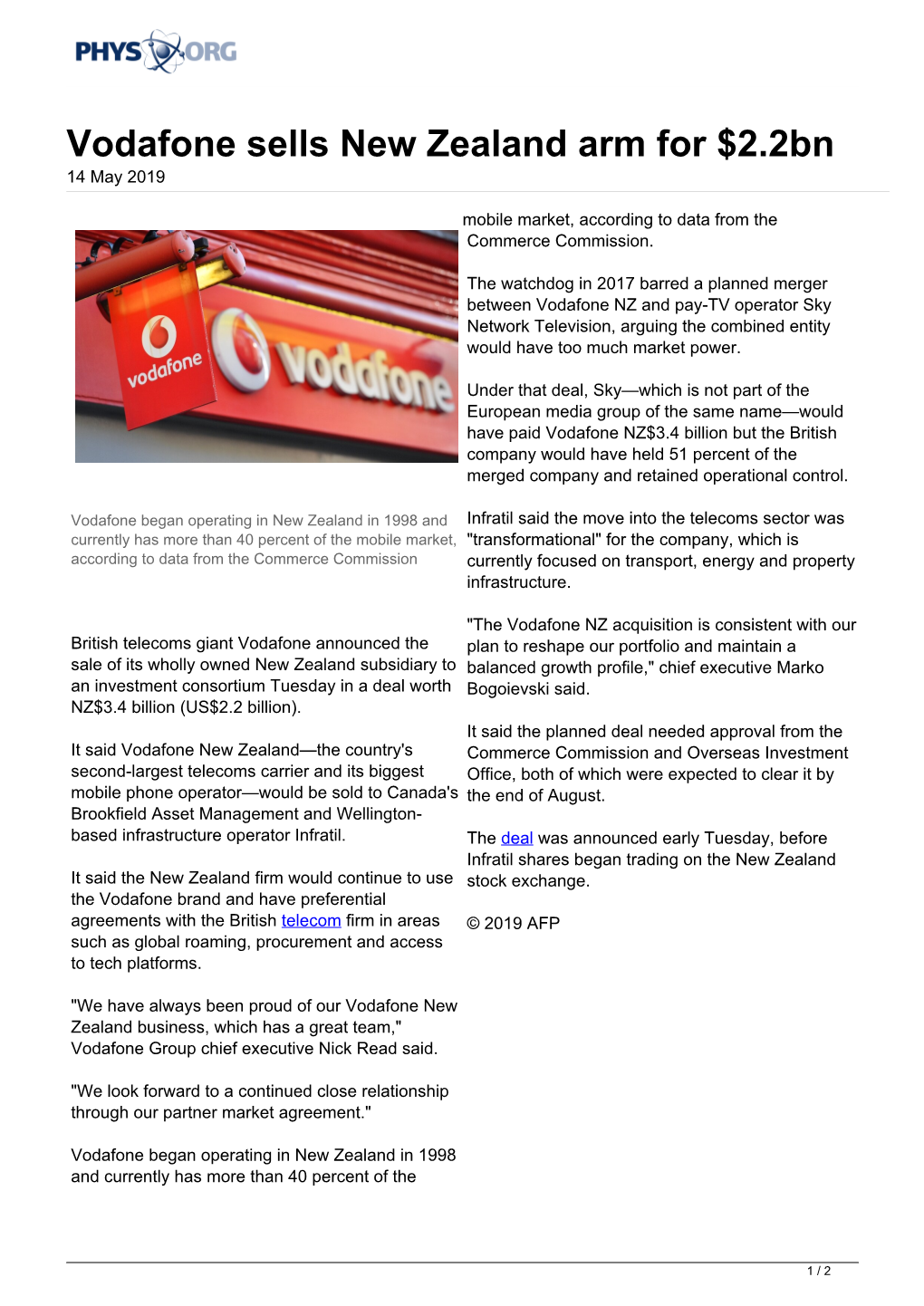 Vodafone Sells New Zealand Arm for $2.2Bn 14 May 2019