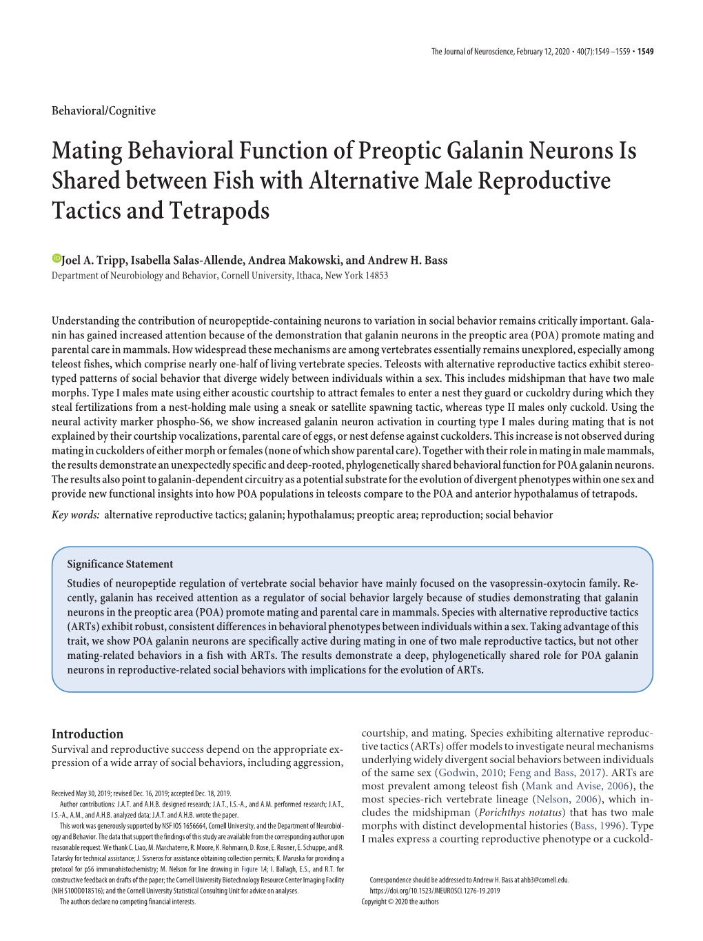 Mating Behavioral Function of Preoptic Galanin Neurons Is Shared Between Fish with Alternative Male Reproductive Tactics and Tetrapods