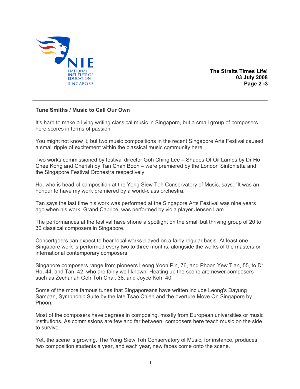 The Straits Times Life! 03 July 2008 Page 2 -3 Tune